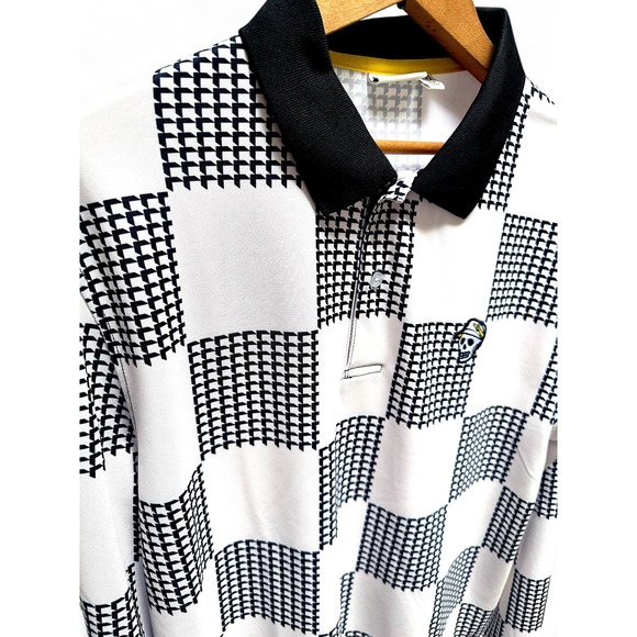 Devereux Golf Shirt Men's Small Skull Logo Long Sleeve Polo Black White Check - Picture 9 of 15